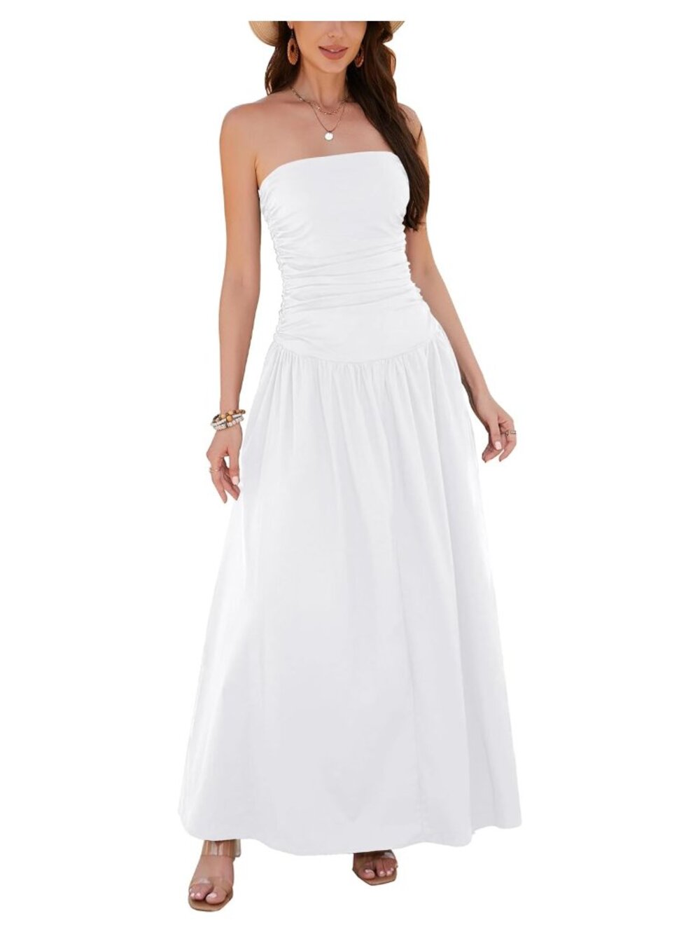 Cotton Strapless Maxi Dress with Silicone Grip A-Line Formal Party